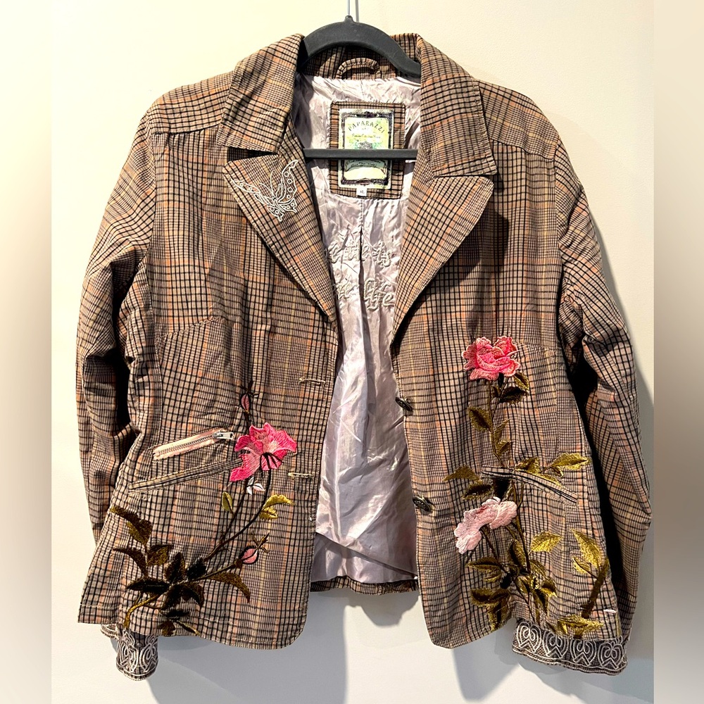 Paparazzi Biz, Plaid Embroidered Floral Blazer, Brown/Pink, Size XL